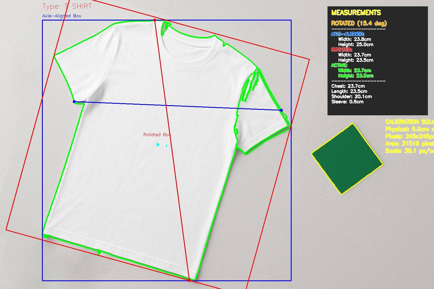 T-shirt measurement analysis results showing axis-aligned box, rotated box, and detailed measurements